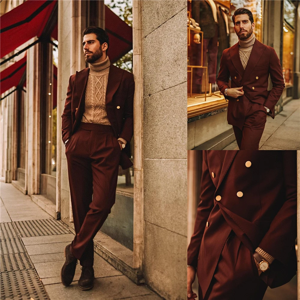 Dark Red Business Mens Coat Pants Suits High Quality Double Breasted Tuxedos Men Prom Dinner Blazer Suit (jacket +pants)