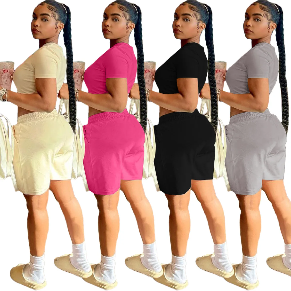 Fitness Women 2 Piece Set Solid Short Sleeve Crop Top + Baggy Short Matching Set 2021 Summer Jogger Set Sporty Workout Tracksuit