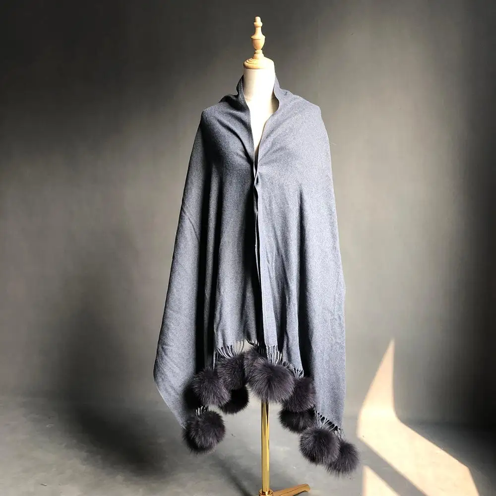 Cashmere Shawl Scarf Women Winter Fox Ball Fur Pom Pom Thick Pashminas Scarf