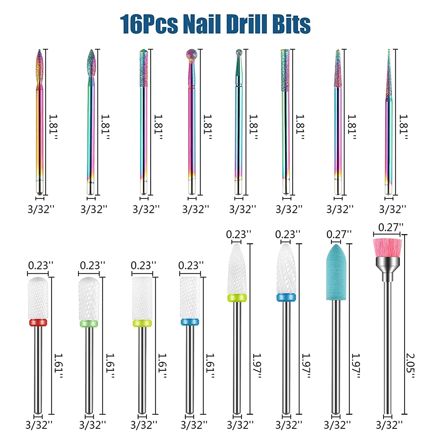 Brocas elétricas para manicure, 16 em 1, ferramenta para manicure, lixa de unha e gel cerâmico acrílico