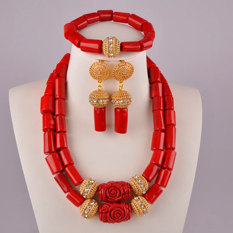 

Red coral beads African beads romantic wedding Nigerian bride wedding jewelry necklace bracelet earring set AU-27