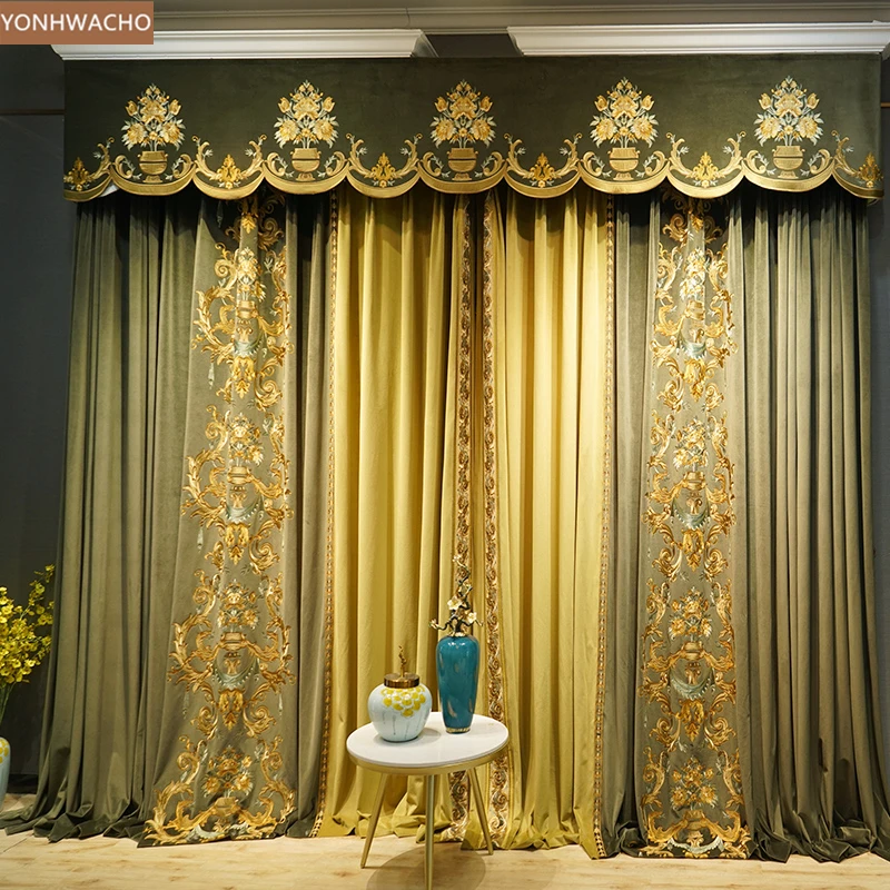 Custom curtain luxury Villa duplex green velvet embroidered living room thick  cloth blackout curtain valance tulle C406