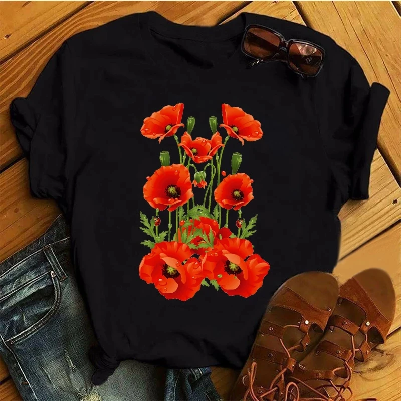 Fashion Red Poppy Women T Shirt Funny Black Printed Tops Tee Female Short Sleeve Tshirt Harajuku Tee Shirts 90s Girls T-shirts