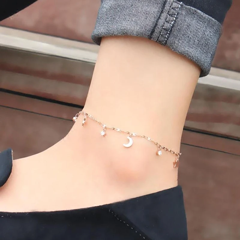 Moon Star Anklet dla kobiet Biżuteria modowa ze stali nierdzewnej w kolorze różowego złota (GA121)