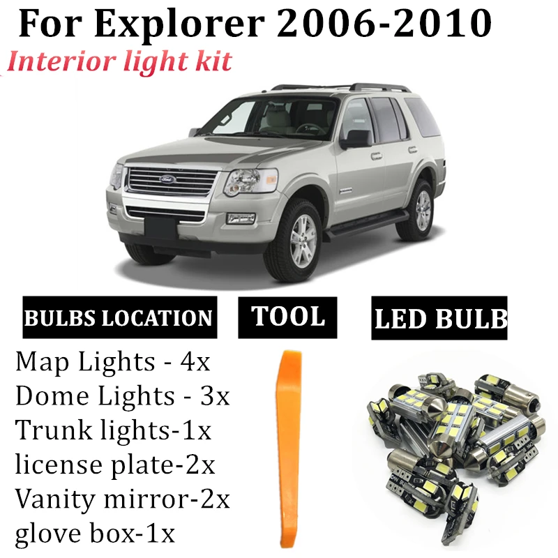 

13pcs LED Lamp Car Bulbs Interior Package Kit For Ford Explorer 2006-2010 Map Dome Trunk Cargo Light accessories T10 festoon