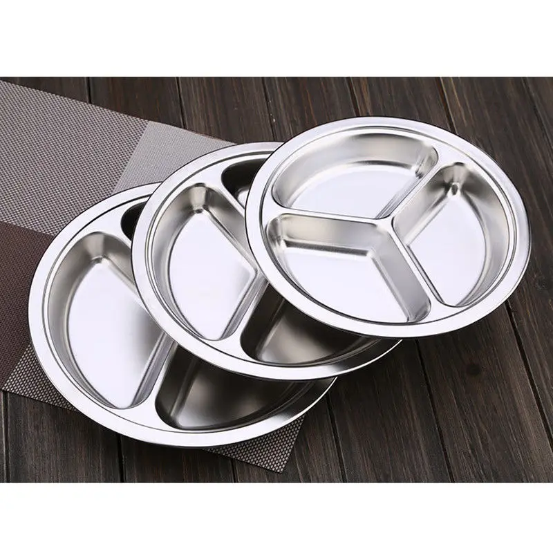 Stainless Steel Dinner Plate 3 Sections Round Divided Dish Children Fruit Snack Tray Baby Bowls Kitchen Tableware Dia 22/24/26cm