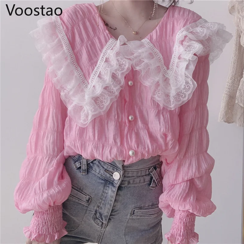 Sweet Fashion Blouse Women Elegant Puff Sleeve Lace Mesh Tops Girls Lolita Style Peter Pan Collar Chiffon Shirts Blusas Mujer