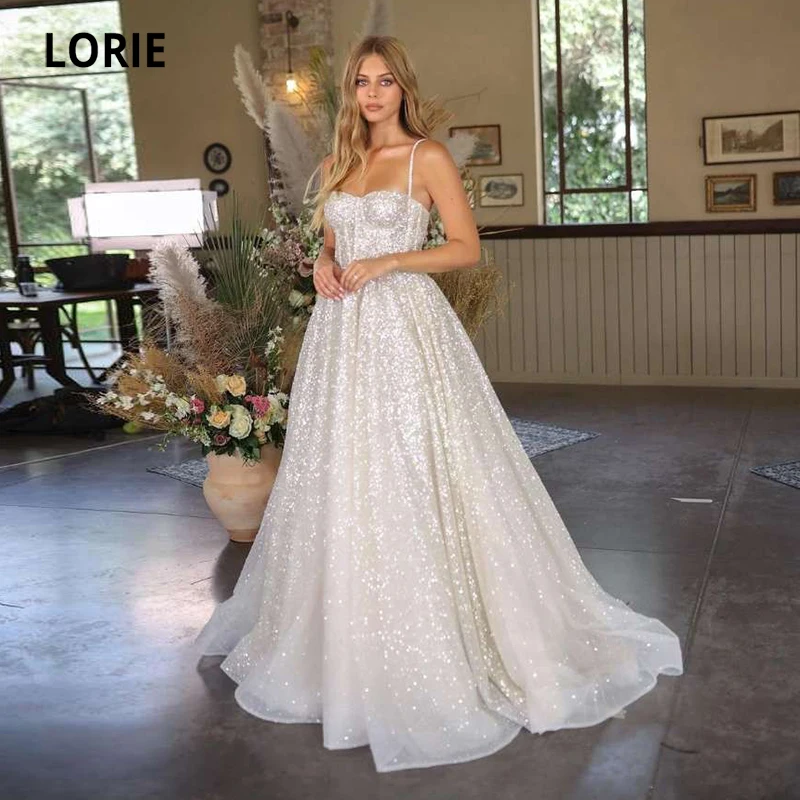 LORIE błyszczące suknie ślubne Boho Sweetheart cekiny Spaghetti pasek linia ślub księżniczki suknia ślubna suknia slubna