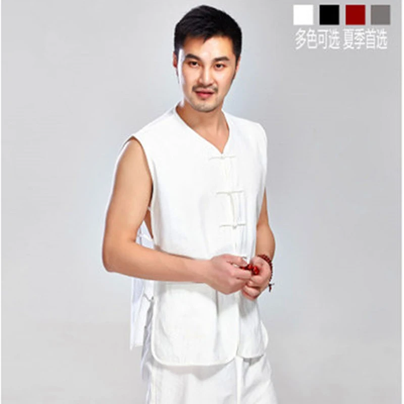 Summer Loose Cotton Sleeveless Tang Suit Men'S Vest Jacket Chinese Style Disc Buckle Novelty Waistcoat Male T Shirt Футболки