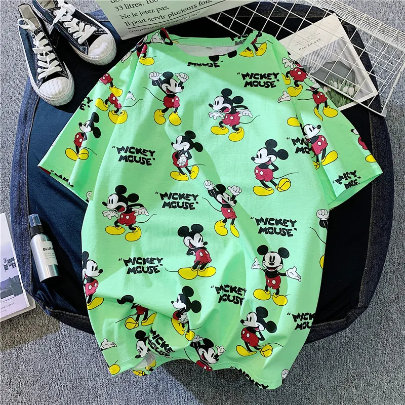 Ladies cartoon Donald Duck Mickey print short-sleeved t-shirt color summer cartoon Girl mid-length fashion Harajuku style