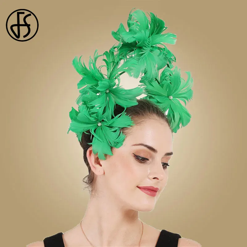 FS Green Fascinators For Wedding Ladies Church Hats Big Derby Feather Hair Bride Pearl Headwear Beautiful Flower Accessories