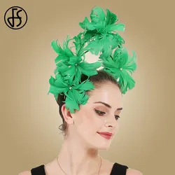 FS Green Fascinators For Wedding Ladies Church Hats Big Derby Feather Hair Bride Pearl Headwear Beautiful Flower Accessories