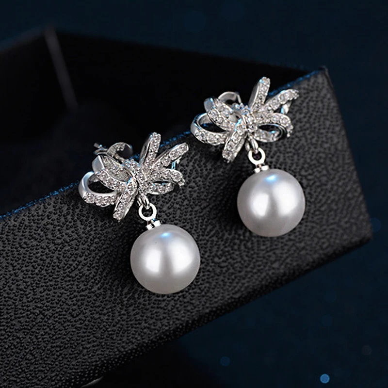 New Fashion Rosette Rhinestone Drop Earrings 925 Sterling Silver Bowknot Pearl Pendant Earring Charm Ear Stud Women Jewelry Gift