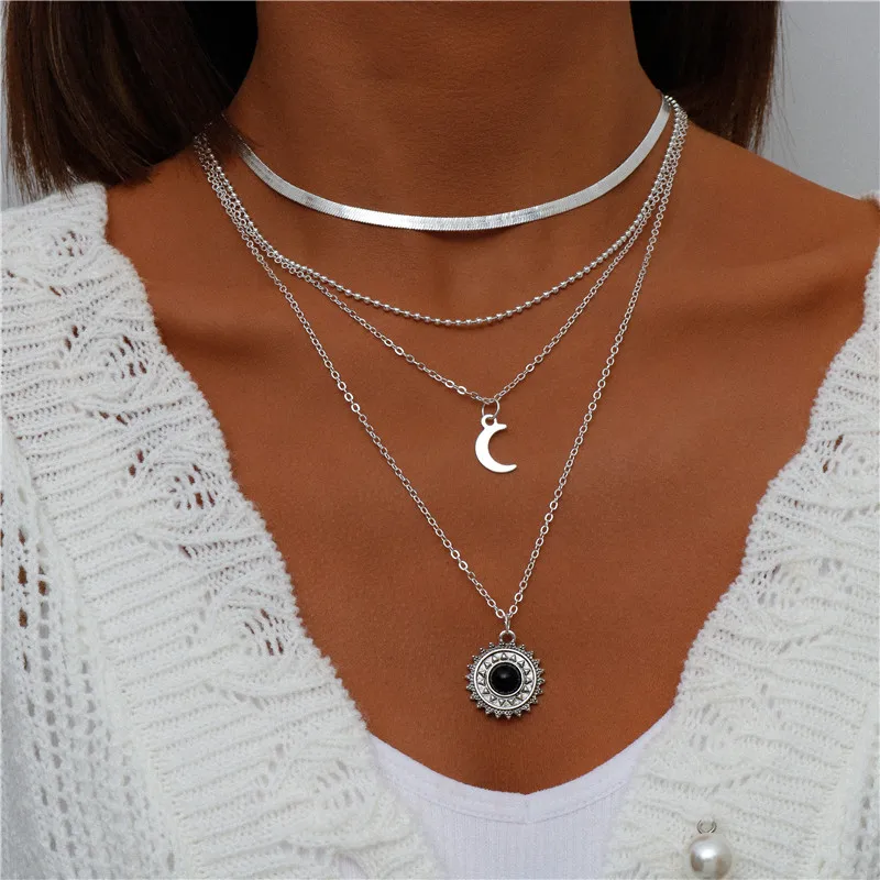 Tenande Bohemian Mehrschichtige Halskette für Frauen Vintage Wassertropfen Münze Stern Mond Anhänger Halskette Geometrisches Collier Collares – Detail 24