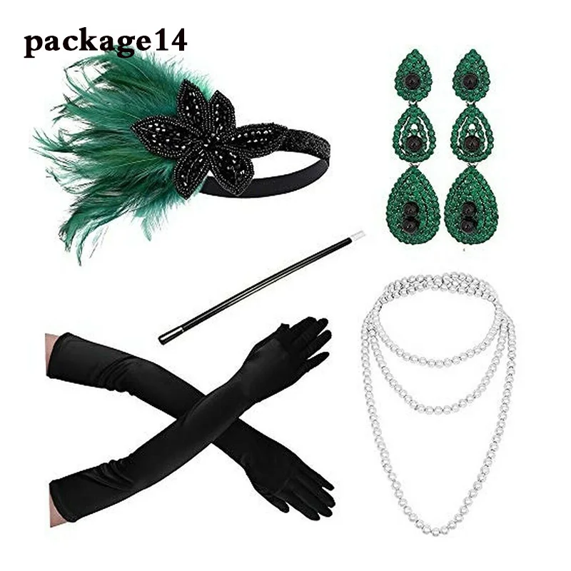 1920s Cosplay Halloween Gatsby Accessories Headband Necklace Gloves Cigarette Holder Flapper Costume Accessories Set for Women