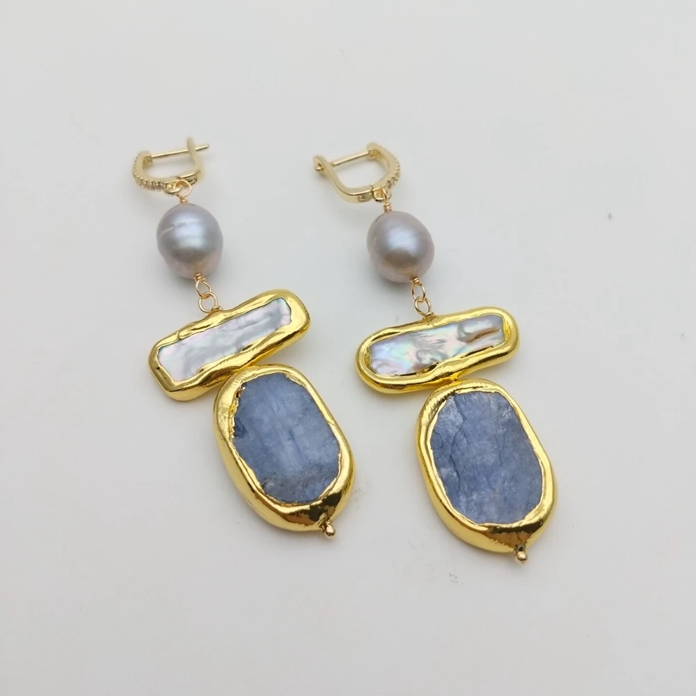 Freshwater Cultured White Biwa Pearl Gray Rice Blue Kyanite Dangle Lever Back Earrings