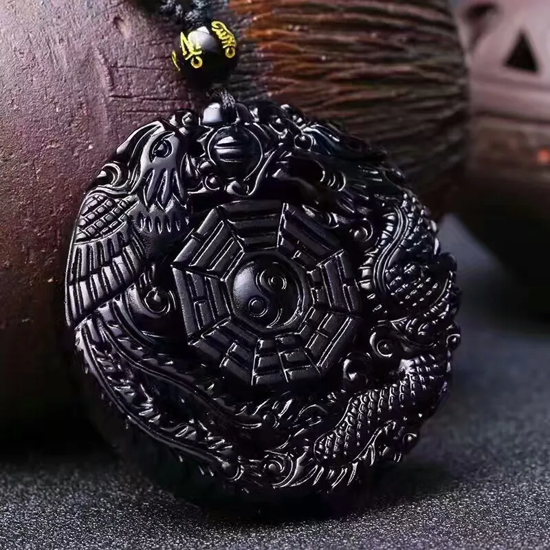 Natural Obsidian Dragon and Phoenix Necklace Pendant Jade Pendant Lucky Pendants With Beads Chain Jade Jewelry