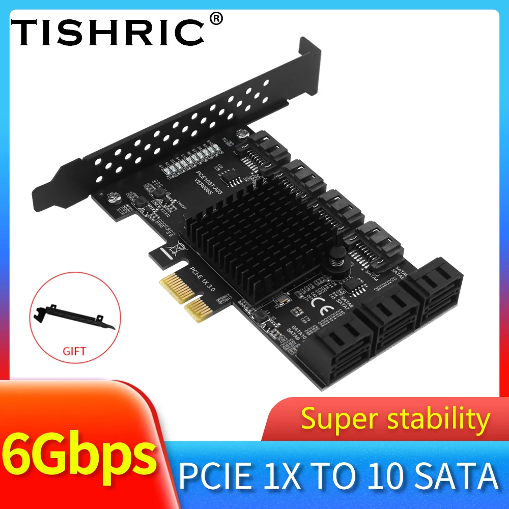 TISHRIC PCIE SATA 4X 1X to 2/8/10 Ports SATA 3.0 PCI E Controller pci Express Multiplier Expansion Card 6Gbps Add On Card Riser