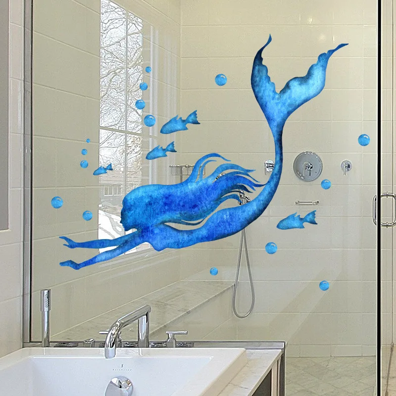 Blue Swimming Mermaid Wall Stickers Bathroom Glass Bedroom Glass Window Home Decoration Self-adhesive Sticker Beautify Wallpaper - Image 5