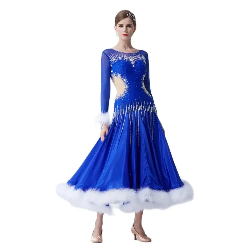 

B-19591 Customize ballroom dance dress blue modern dance competition dress with big pendulum pearl silk and white rabbit feather