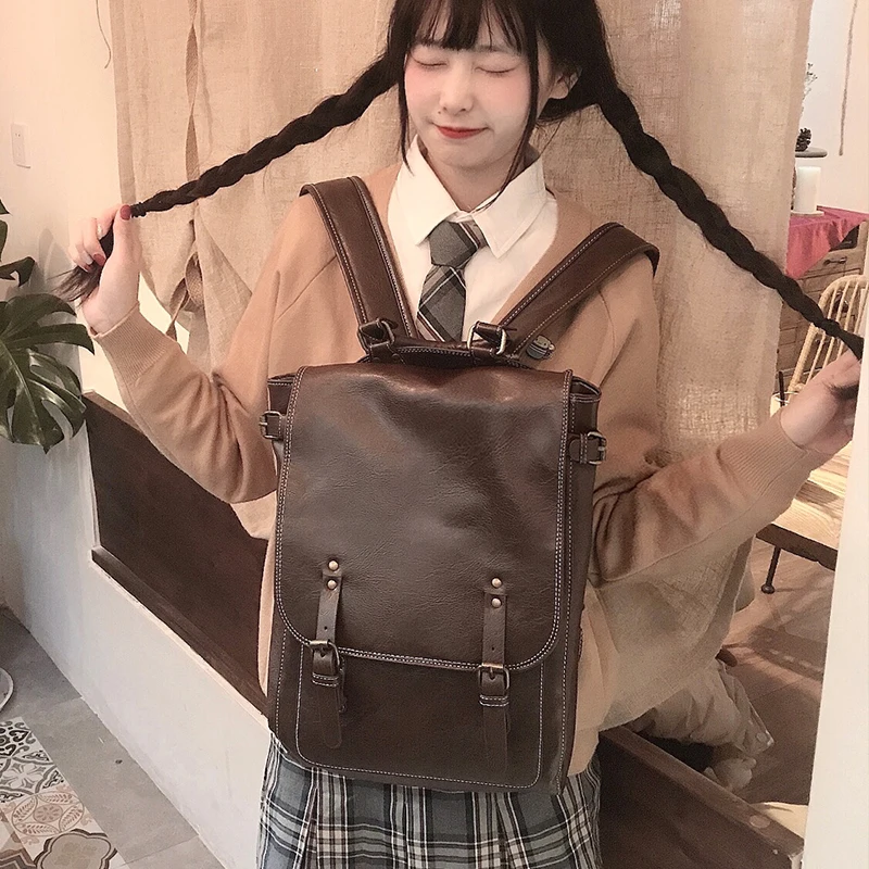 Vintage Women's Leather Backpack Schoolbag 16 Inch Laptop Fashionable Travel Black Summer Teen Girl High-Capacity Soft Backpacks