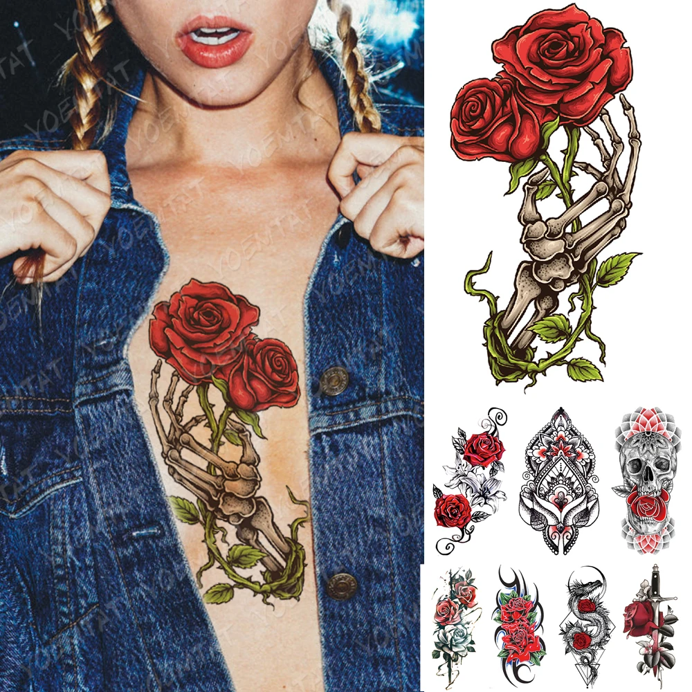 

Waterproof Temporary Tattoo Sticker Skull Rose Hand Zombie Tattoos Rose Heart Arrow Body Art Arm Fake Sleeve Tatoo Women Men