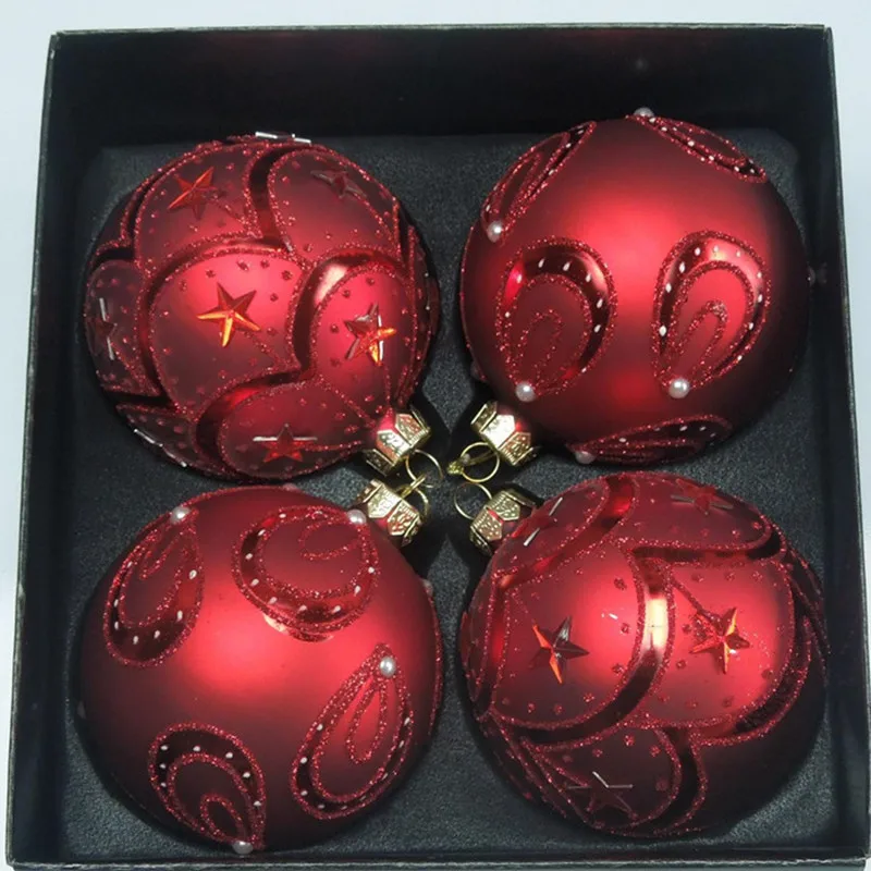 16pcs/pack Diameter=8cm Red Series Glass Ball Christmas Tree Pendant Hand Painting Hanging Decorative Globe