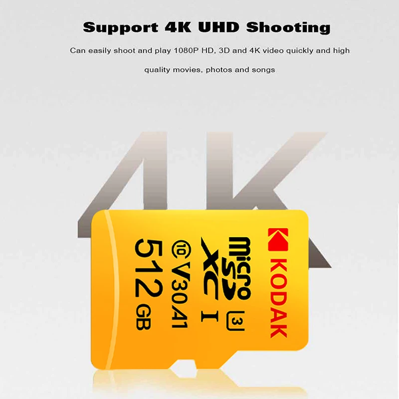 Карта памяти KODAK MicroSD, класс 10, 16 ГБ, 32 ГБ, 64 ГБ, 128 ГБ, 512 ГБ, U3, 4K