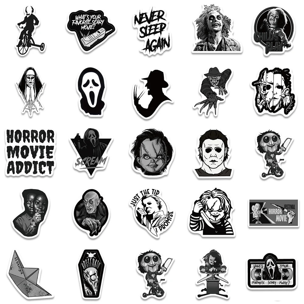 Pegatinas de grafiti de películas de terror para niños, 10/30/50 piezas, mezcla de blanco y negro, Maleta de monopatín de viaje, guitarra, divertido