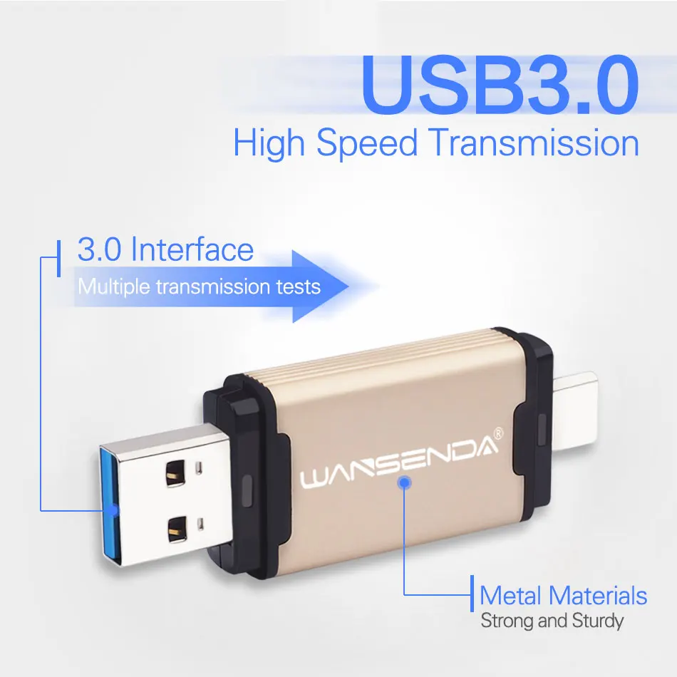 WANSENDA-unidad Flash USB 128 tipo C, Pendrive de alta velocidad de 3,0 GB, 32GB, 64GB, 256GB, 512GB, para HUAWEI, TYPE-C, móvil/PC