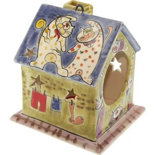 Authentic Tile Square Happy Cats Blue Roofed Porcelain Household Candle Holder