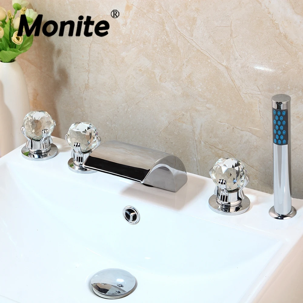 Monite Solid Brass 5 Pcs Bathtub Faucet Waterfall Spout Deck Mounted Diamond Handles Chrome Polish Bathroom Bathtub Mixer Faucet