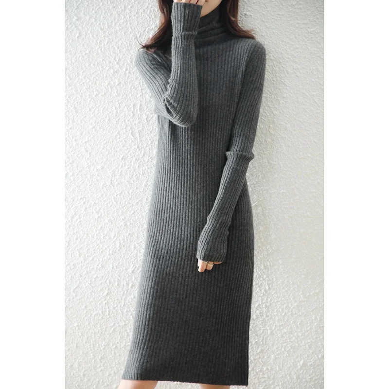 2021 New High Quality 100% Wool Sweater Dress for Women Knee-length Solid Color Turtleneck Pullover Straight Cozy Slim Dresses