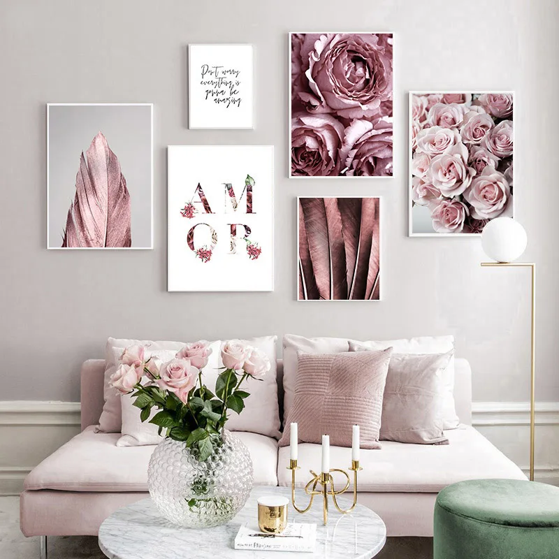 

Scandinavian Fashion Poster Rose Flower Feather Nordic Style Wall Art Canvas Print Painting Modern Living Room Decor Picture