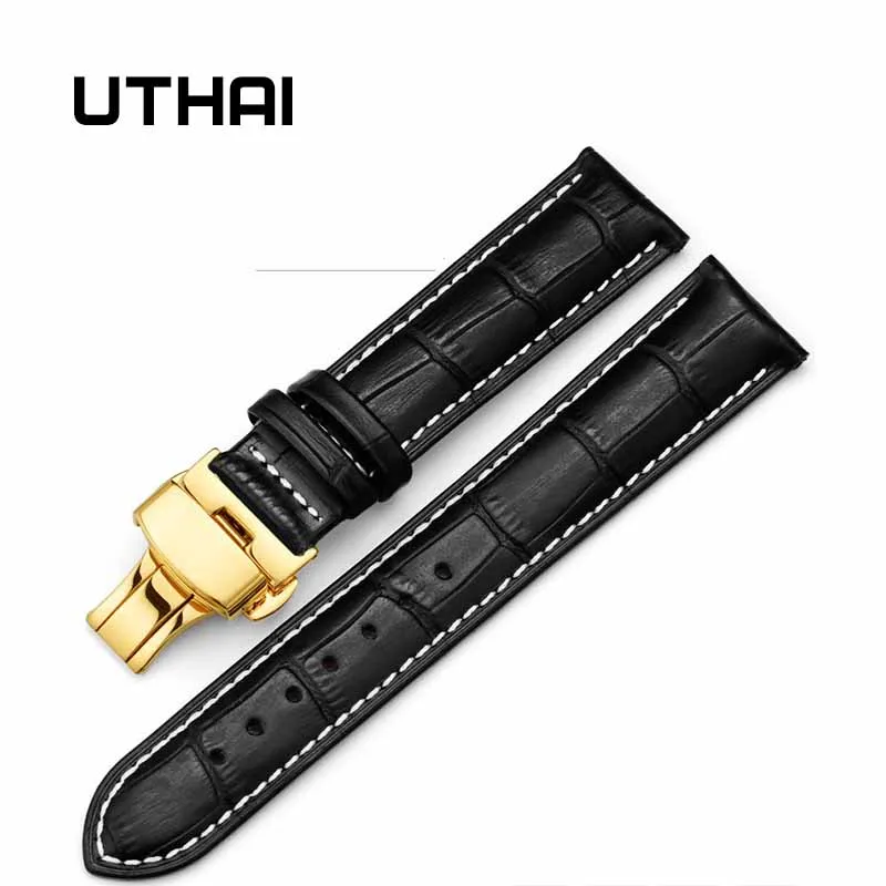 UTHAI Z06 watchband double click elastic butterfly buckle strap cowhide dermal 14/16/18/19/20/21/22 /24mm watch strap