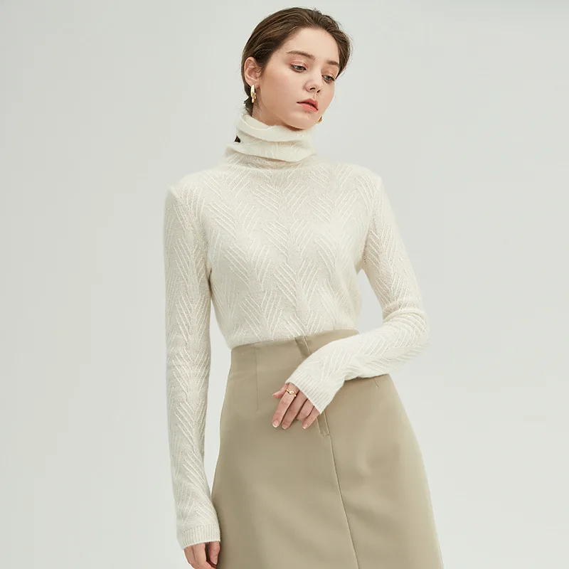 SuyaDream Women Winter Sweaters High Quality 100%Cashmere Turtleneck Pullovers 2021FW Warm Sweaters for Woman White Khaki