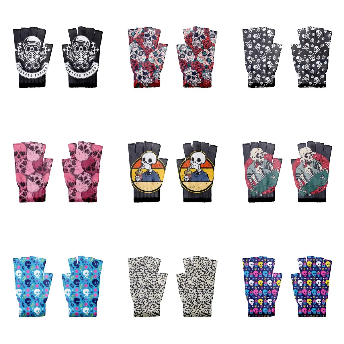 1Pair Personalized Skull Printed Women's Knitted Half Finger Windproof Gloves Unisex Fingerless Half Finger Cycling Gloves