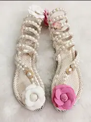 Woman Sandals  Women Shoes Rhinestones Chains Thong Gladiator Flat Sandals Crystal Chaussure Pearl and diamond flats