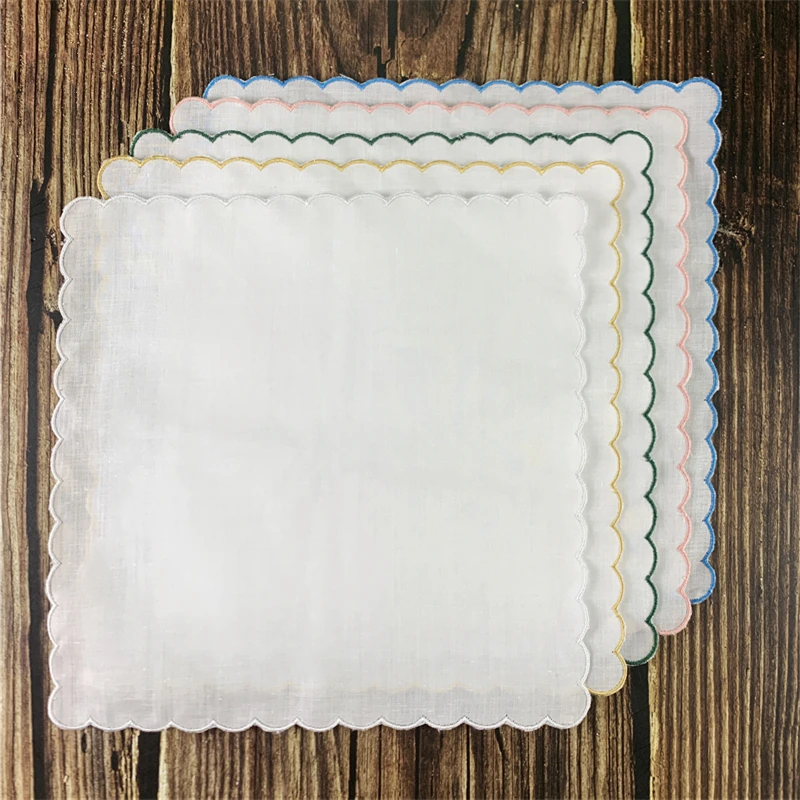 12 PCS Wedding Handkerchiefs Ladies Handkerchief Irish Linen Color embroidered Scalloped Edge Hankies 30*30 CM