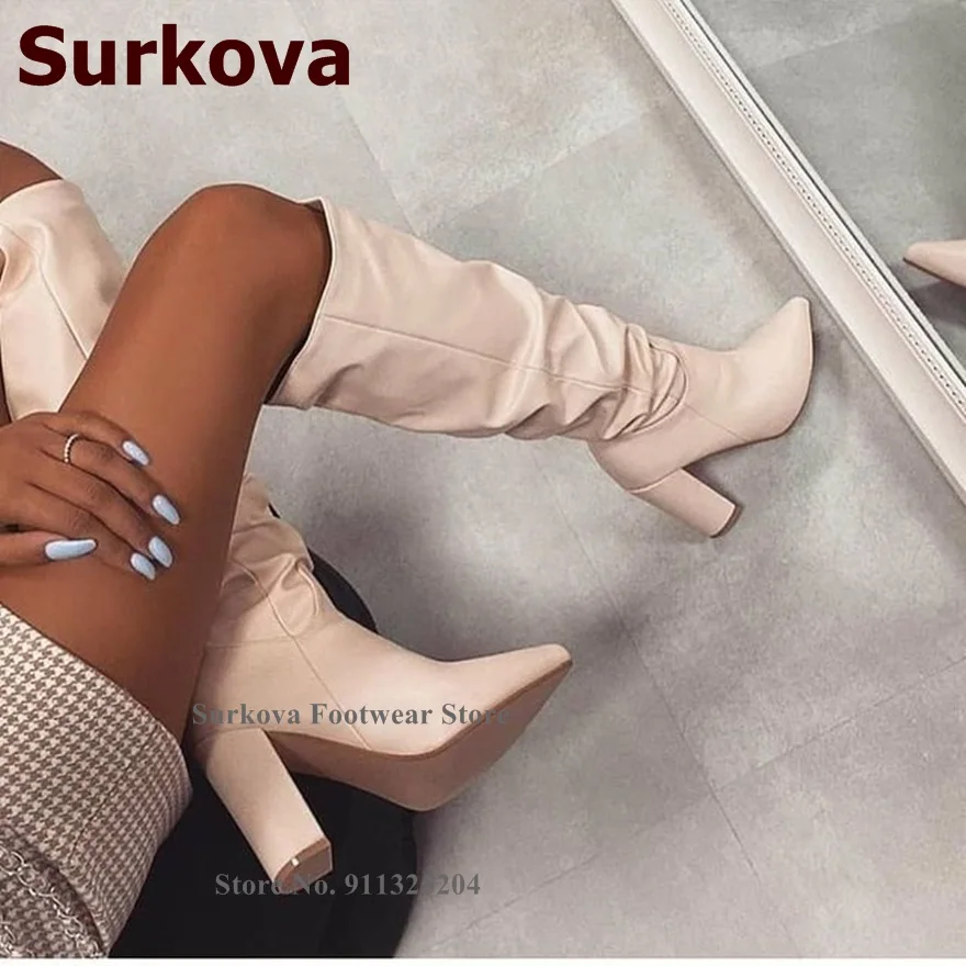 

Surkova Women Beige Chunky Heel Slouch Boots Pointed Toe Pleated Knee High Dress Boots Sexy Gladiator Banquet Shoes Plus Size46