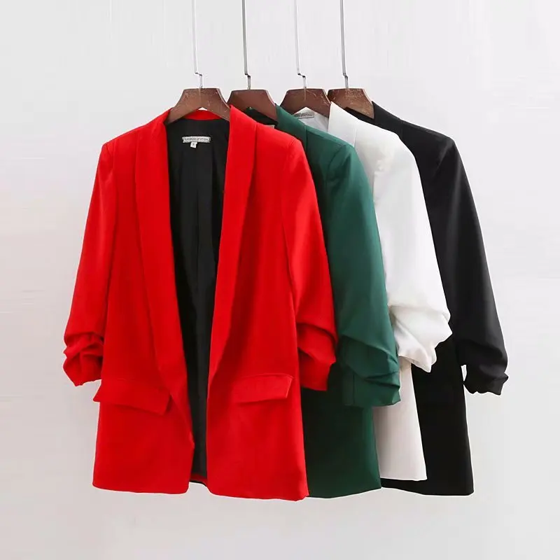 Ruched Cuff Women Spring Autumn Blazers Three Quarter Sleeve Office Lady Solid Suit Jacket Shawl Collar Pockets Coat for Female