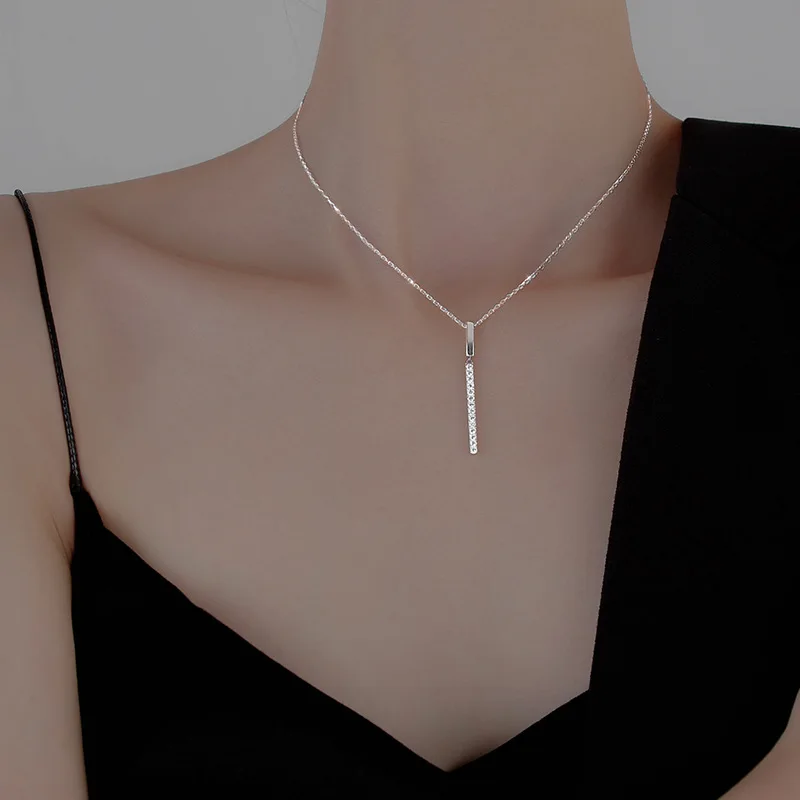 Fashion New AAA Zircon Strip Shape One Word Pendant Necklaces for Women Wedding Party Gift Jewelry Accessories