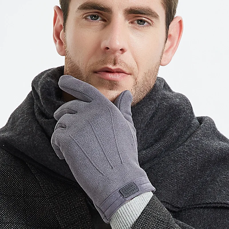 Winter Men Plush Warm Cashmere Outdoor Sports Cycling Mittens Women Three Ribs Suede Leather Touch Screen Driving Glove J98