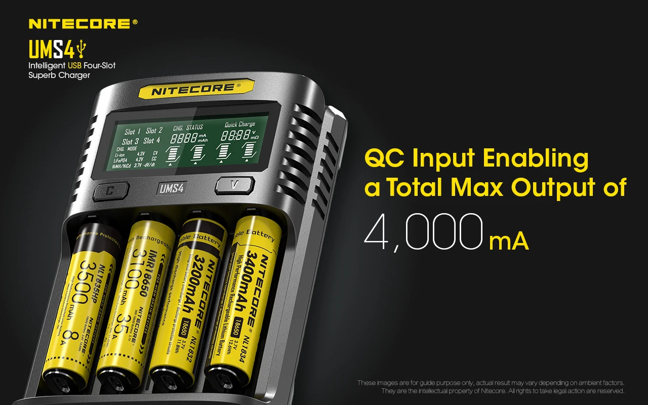 NITECORE UMS4 UMS2 Battery charger QC Fast Charge with 4 Slots Output LCD Display For 18650 14500 16340 26650 21700 AA AAA