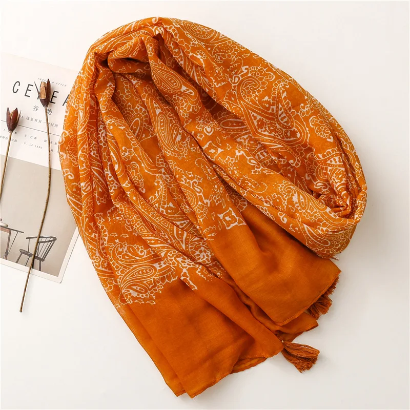 Chal de viscosa Floral de anacardo naranja para mujer, Bufanda de Echarpe étnico azteca, Foulard femenino, Hijab musulmán, 180x90Cm, nueva moda