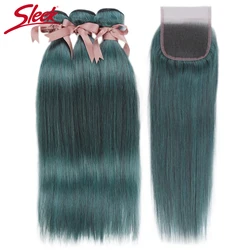 Sleek Brazilian Straight Hair Bundles With Closure S BLUE Hair Weave 10-26 Inches Remy Human Hair 3 Bundles With Closure