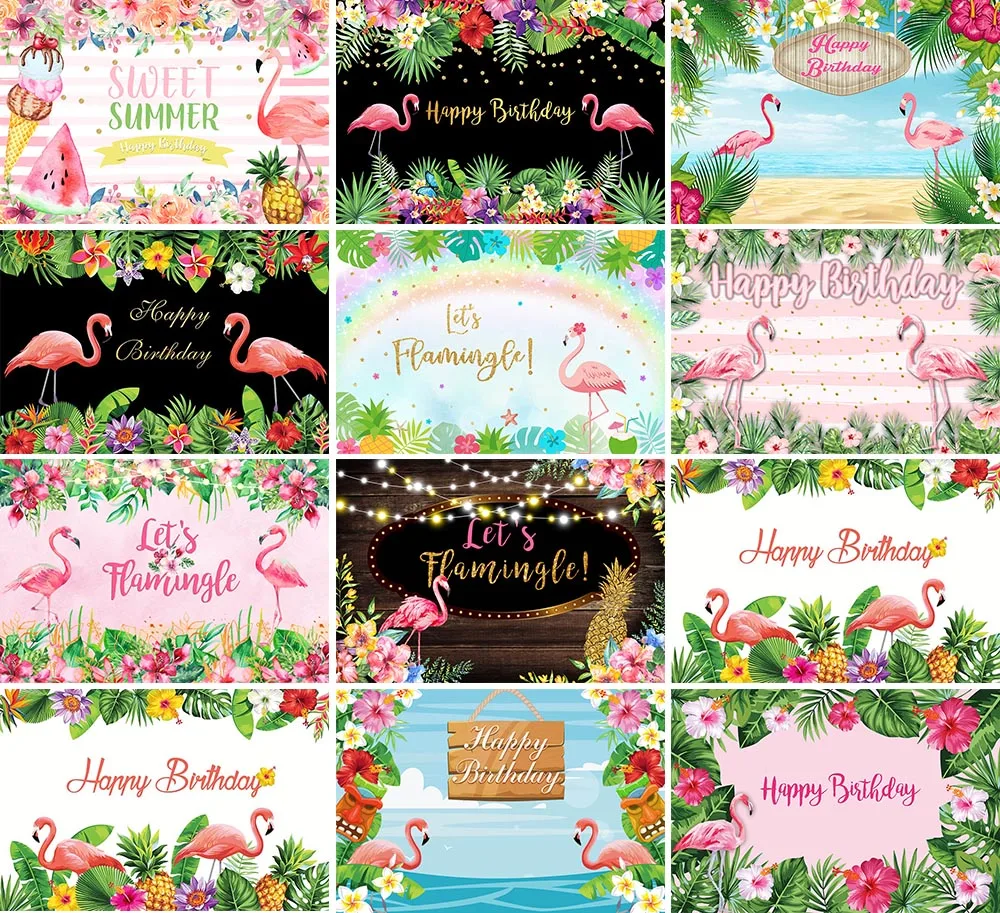 Flamingo Birthday Backdrop Beach Summer Hawaiian Vacation Customized Poster Photography Backgrounds Photo Studio Photocall Decor