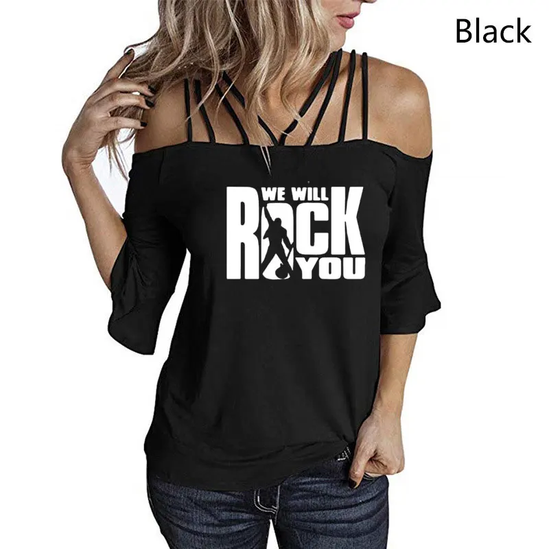 We Will Rock You Women T Shirt Summer Queen Rock Band Short Sleeve Rock Roll with flared sleeves and shoulder strap in summer