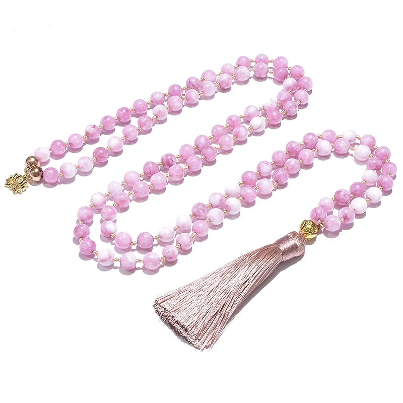 108 8mm Kunzit Perlenkette mit Knoten, Japamala Halskette, Meditations- und Yoga-Schmuck, Armband-Set mit Quaste und goldenem Lotus-Anhänger für Frauen – Detail 5