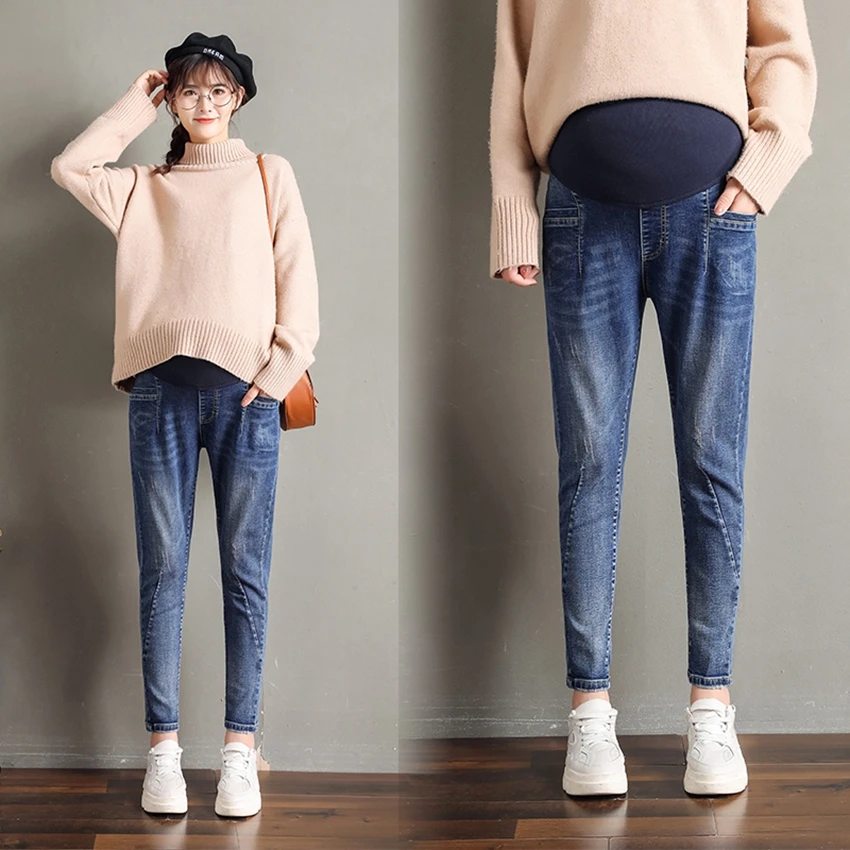 

Autumn and winter new pregnant women old pants jeans fashion loose casual feet panties pregnant women stomach lift pants